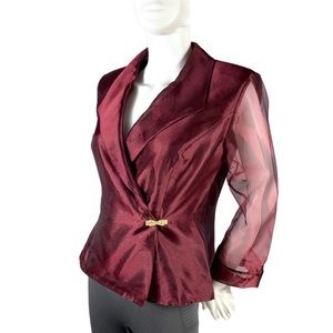 Alex Evenings Burgundy Satin Blazer with Sheer Sleeves